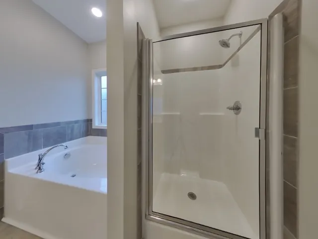 a bathroom with a bathtub and a shower