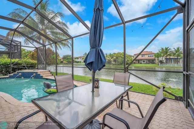 an aerial view of residential houses with outdoor space and lake view