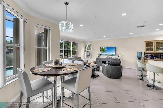 a view of a dining room with furniture window and outside view