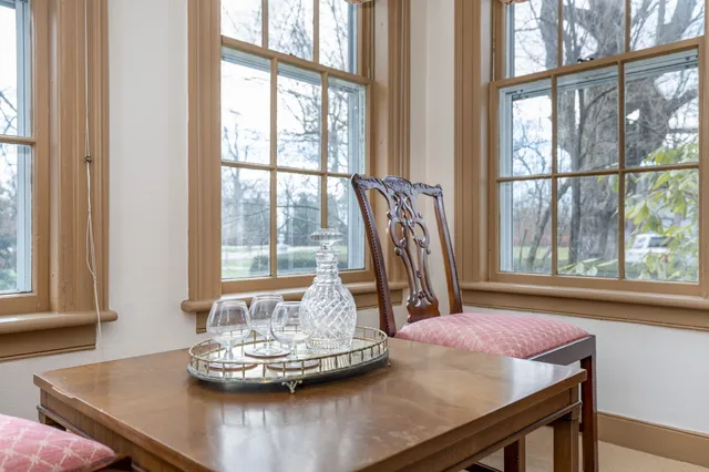 a view of a dining room with furniture