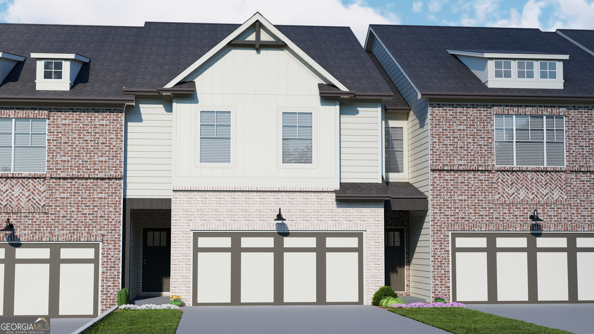 a front view of a house with a garden