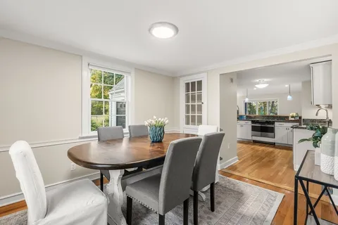 a view of a dining room with furniture and a potted plant