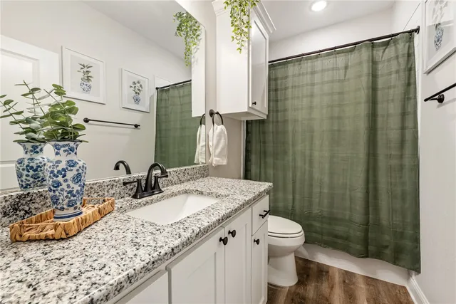 a bathroom with a granite countertop sink toilet and shower
