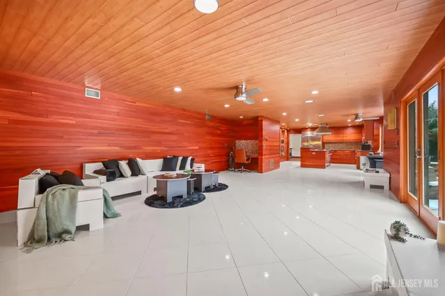 a view of a yard with large trees