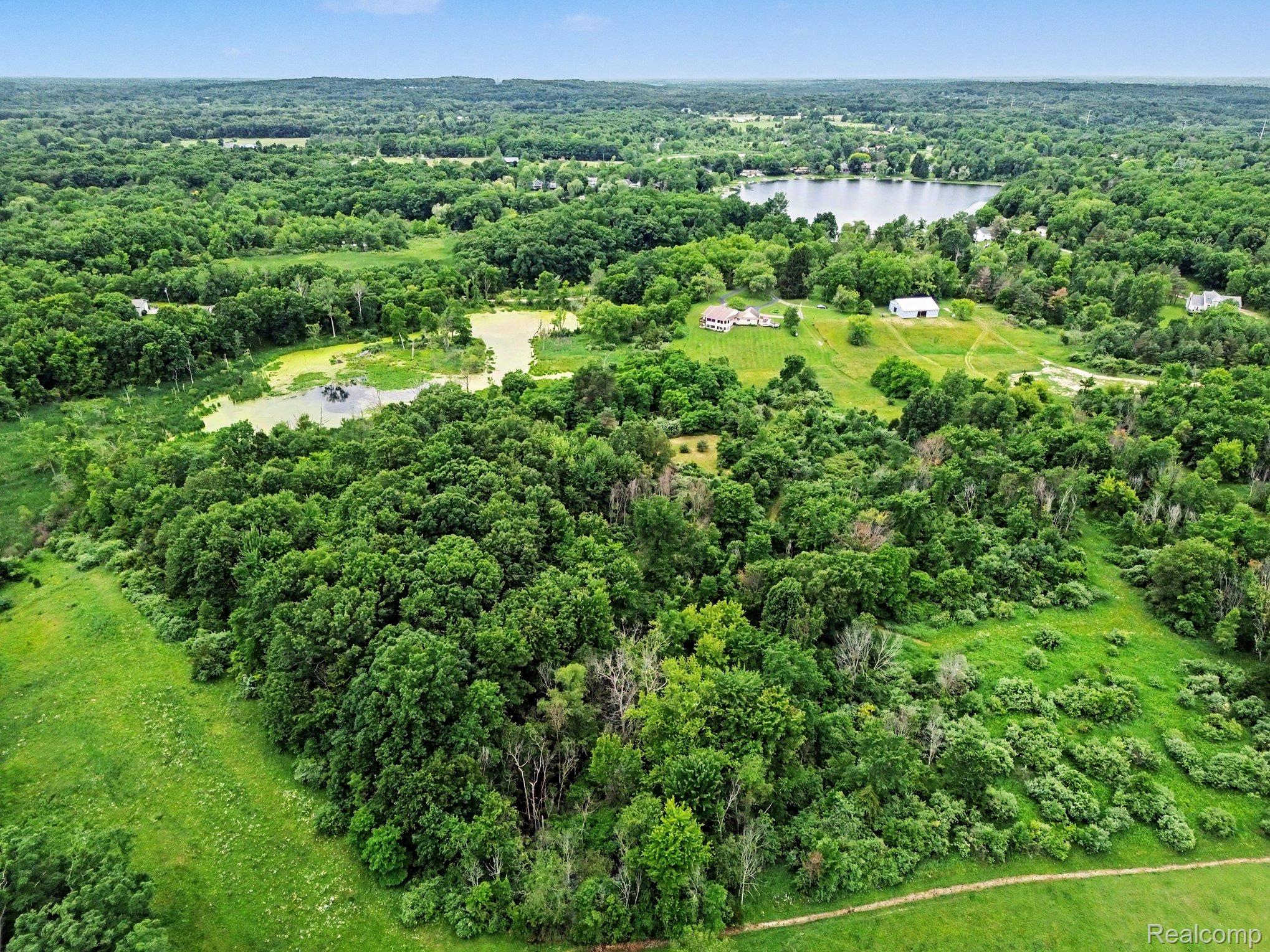 18501 Taylor Lake Road Holly, MI 48442 - Photo 8 of 35 Expansive land parcel featuring dense woodlands, open grassy areas, and a visible body of water
