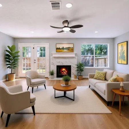a living room with furniture fireplace and window