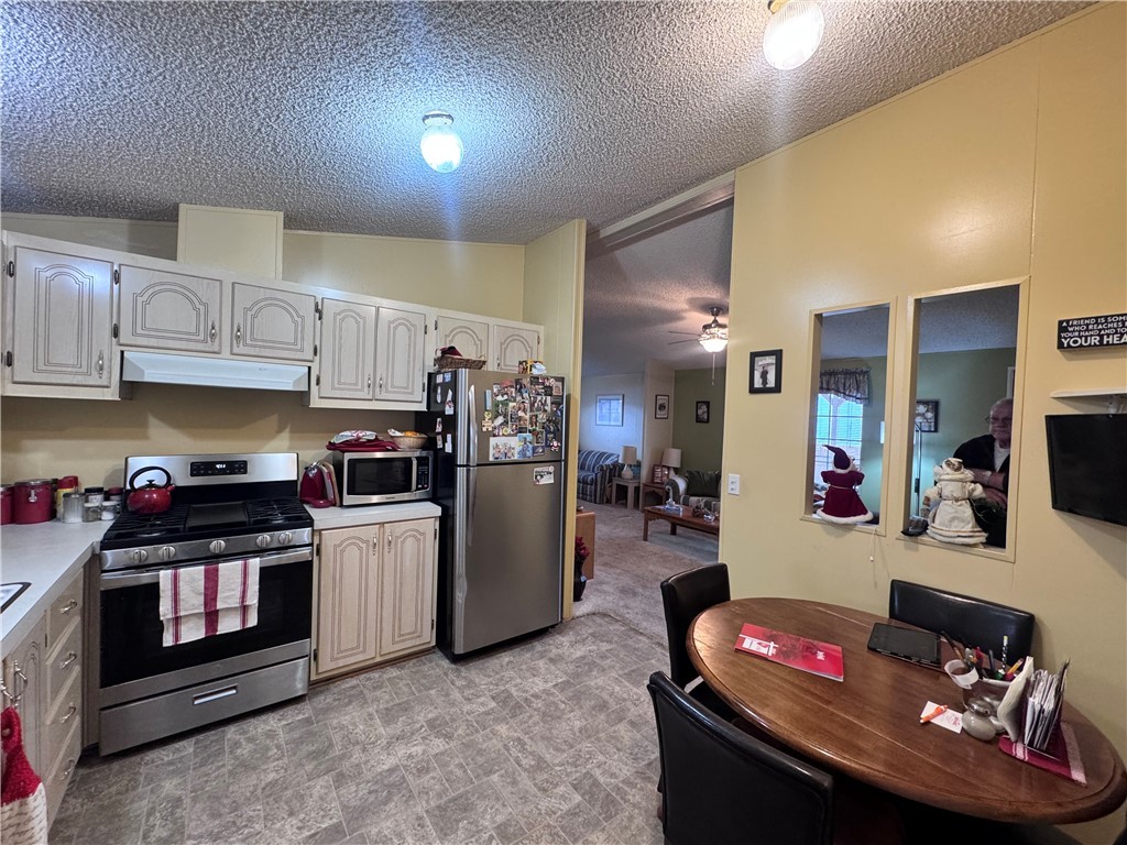 2532 Morgan Road Fort Mohave, AZ 86426 - Photo 15 of 29 Kitchen with vaulted ceiling, appliances with stainless steel finishes, light countertops, a ceiling fan, and under cabinet range hood