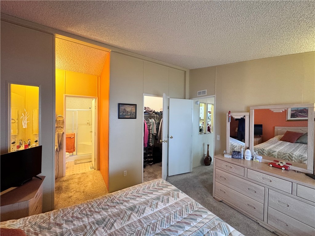 2532 Morgan Road Fort Mohave, AZ 86426 - Photo 18 of 29 Bedroom with carpet floors, a walk in closet, a textured ceiling, and ensuite bath