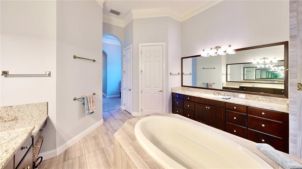 6219 Tiroco Way Windermere, FL 34786 - Photo 45 of 72 a spacious bathroom with a granite countertop sink mirror and a bathtub