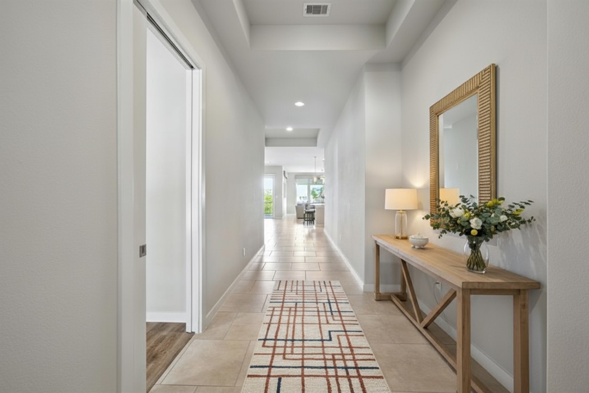 437 Pienza Drive Georgetown, TX 78628 - Photo 4 of 32 a hallway with a potted plant on a table and a potted plant