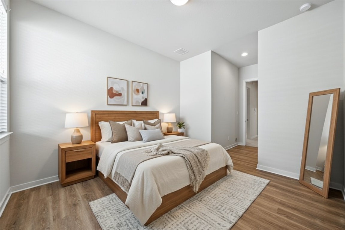 437 Pienza Drive Georgetown, TX 78628 - Photo 6 of 32 a bedroom with a bed and a mirror