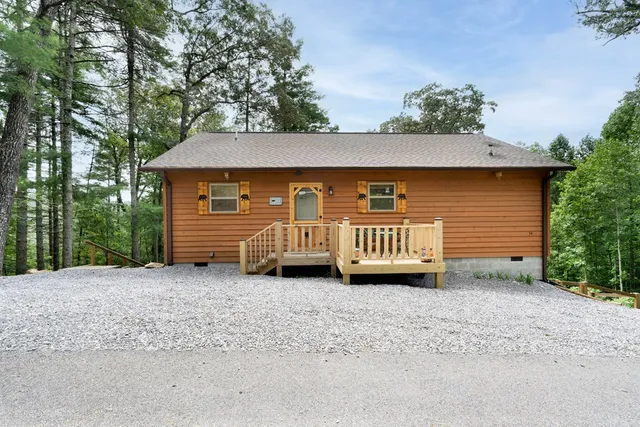 a view of a house with a yard plants and large tree