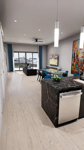 a view of a kitchen with furniture and a kitchen