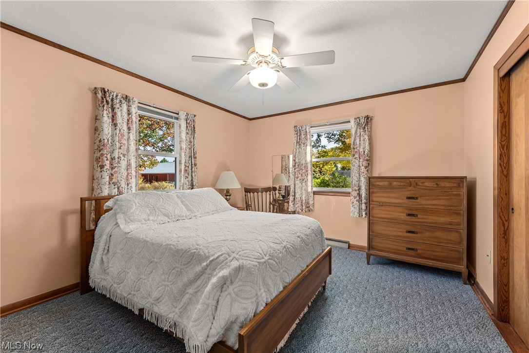 2151 Lester Road Valley City, OH 44280 - Photo 15 of 24 Bedroom featuring a closet, dark colored carpet, ceiling fan, ornamental molding, and a baseboard heating unit