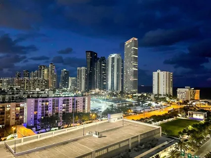 a view of tall buildings