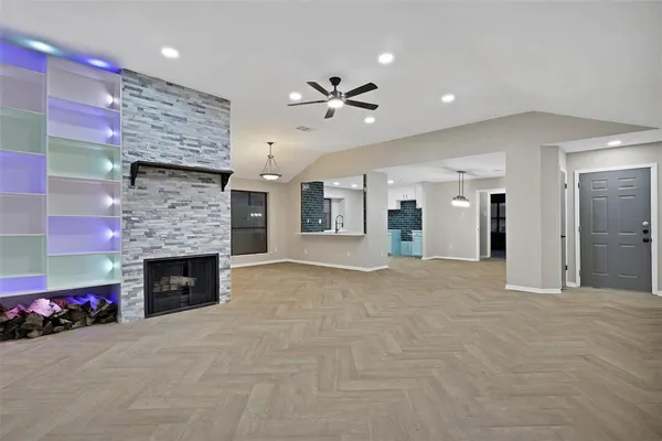 a view of a livingroom with a fireplace