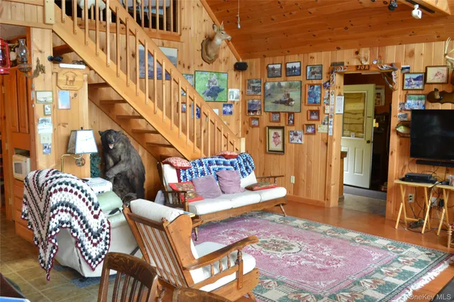 a living room with furniture and a rug