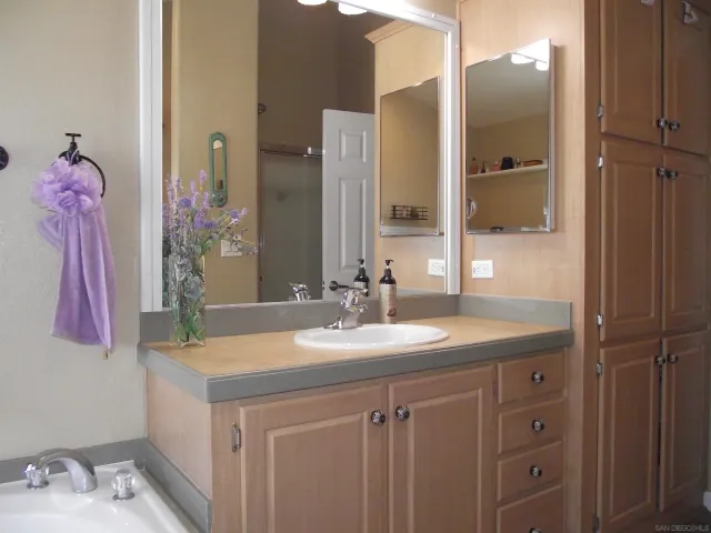 a spacious bathroom with a shower curtain and a sink
