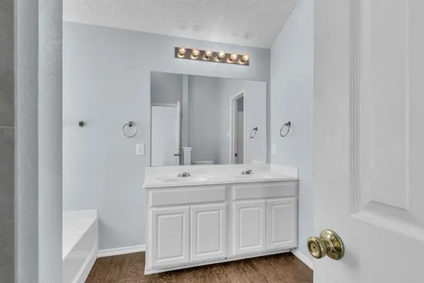 a bathroom with a sink a mirror and a bathtub