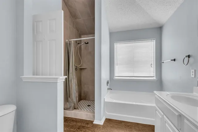 a bathroom with a tub sink and toilet