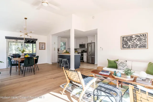 a view of a dining room with furniture