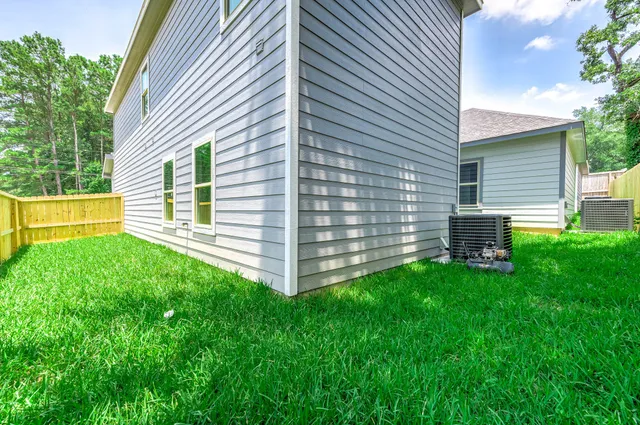 a view of a backyard with plants and large tree