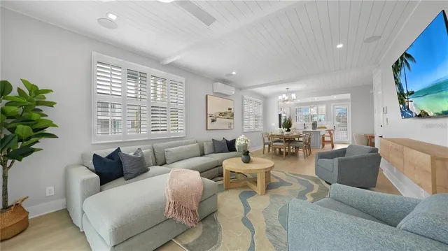 a living room with furniture and a potted plant