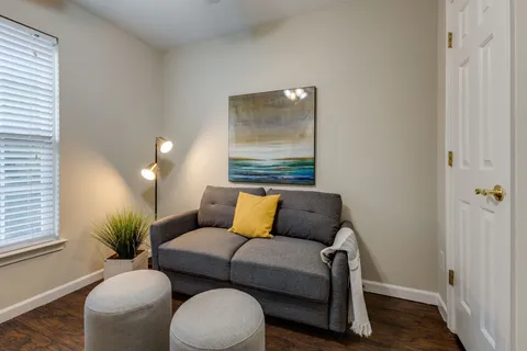a living room with furniture and a potted plant