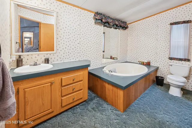 a bathroom with a sink a toilet a mirror and bathtub
