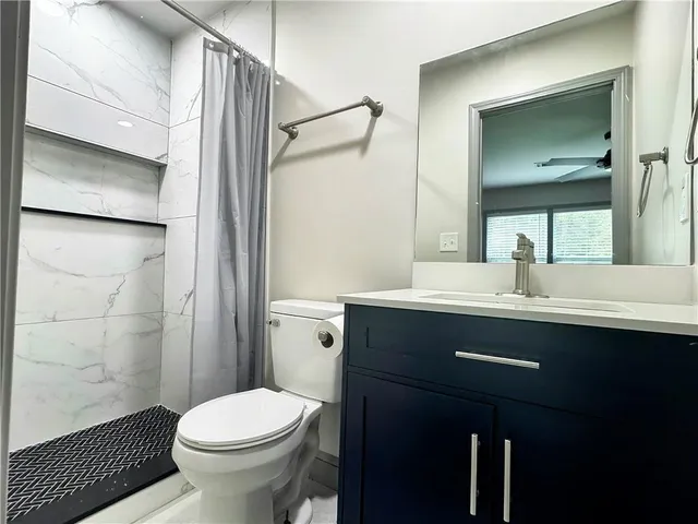 a bathroom with a shower and a toilet