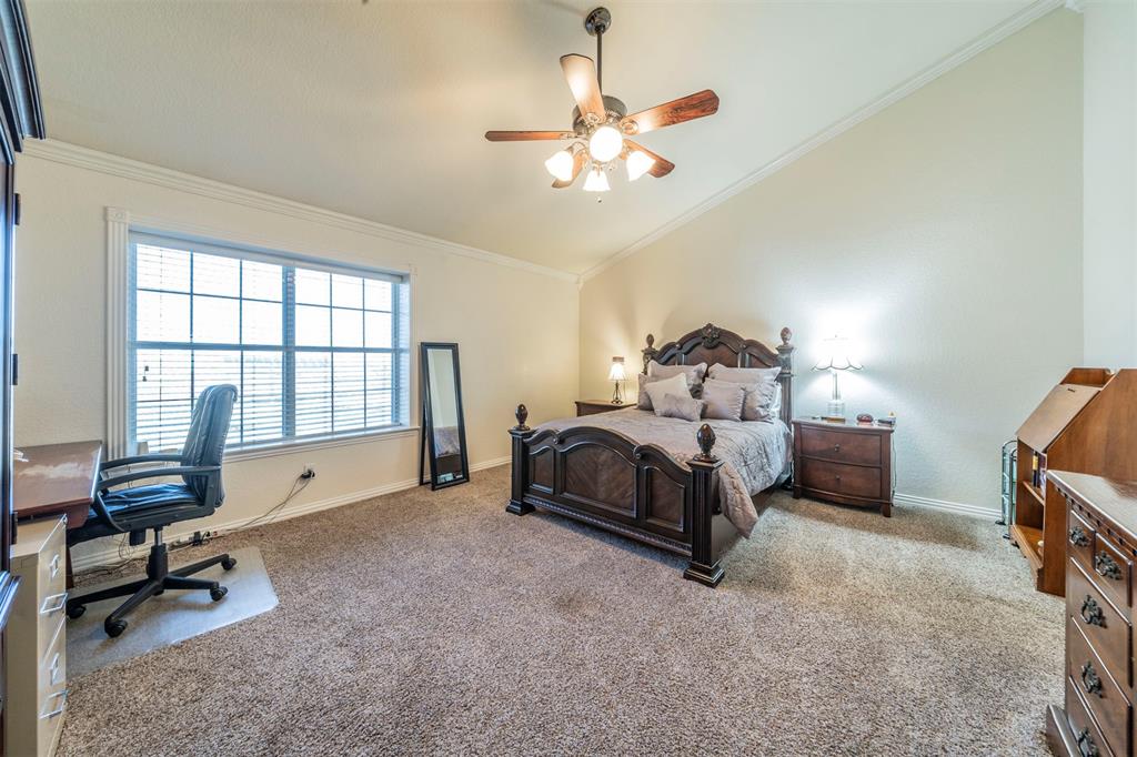 20175 Willow Glade Circle Pilot Point, TX 76258 - Photo 16 of 32 Carpeted bedroom featuring vaulted ceiling, ceiling fan, and crown molding