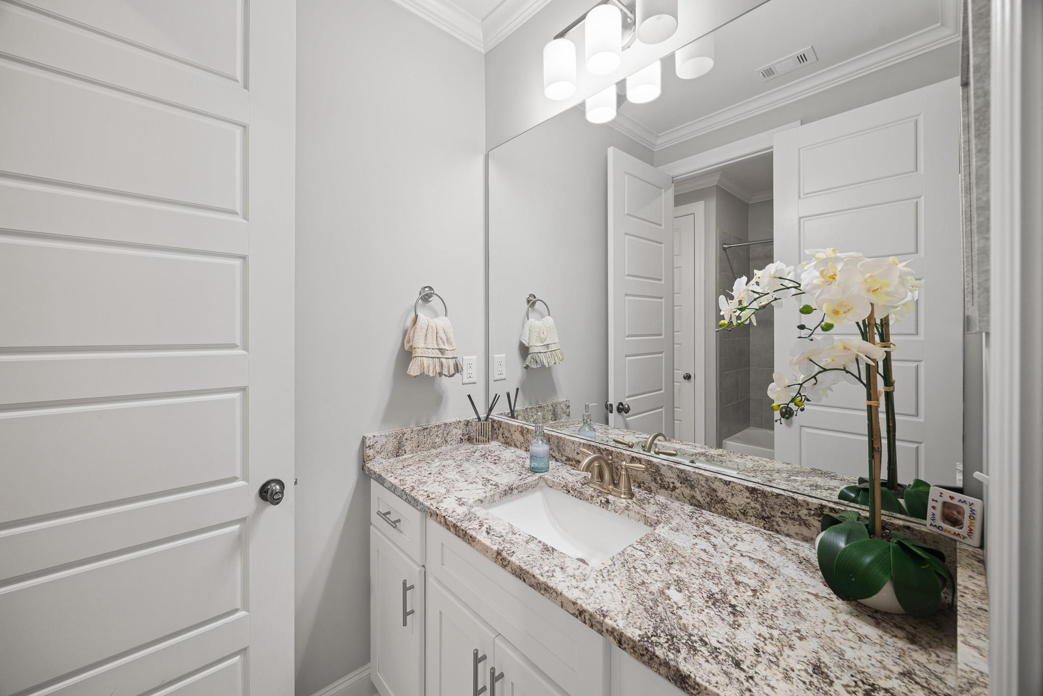 4711 Carousel Lane Collierville, TN 38017 - Photo 19 of 33 a bathroom with a granite countertop sink and a mirror