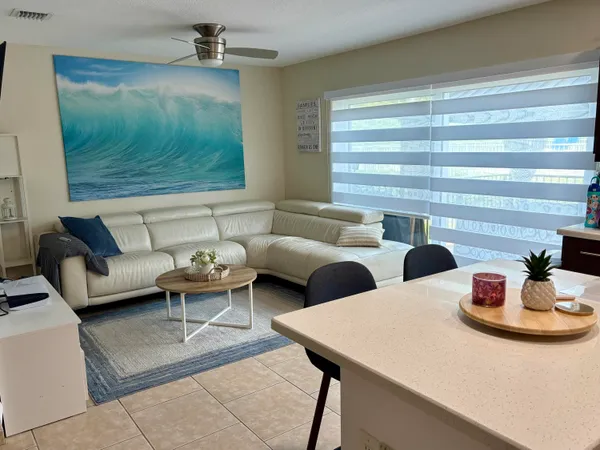 a living room with furniture and a potted plant
