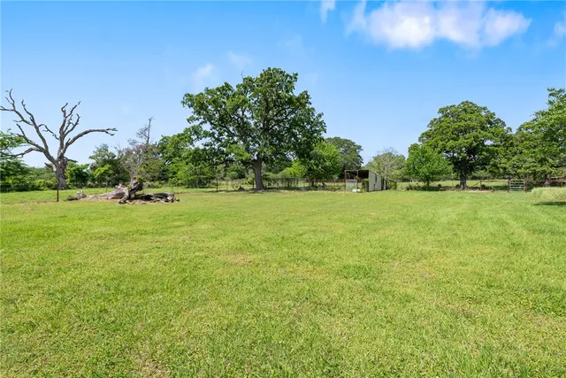 a view of a field with trees in the background