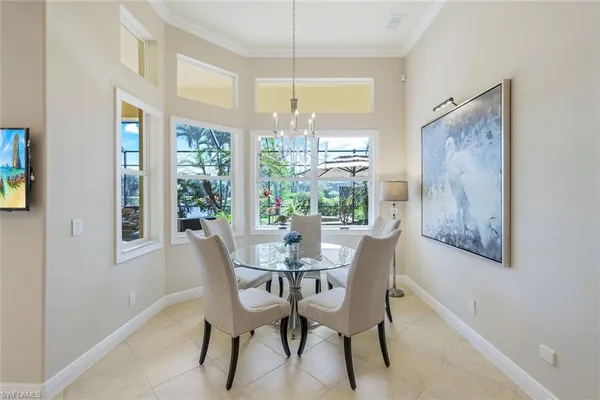 a view of a dining room with furniture window and outside view