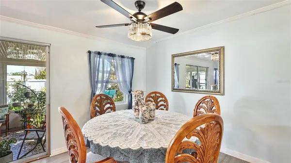 a view of a dining room with furniture