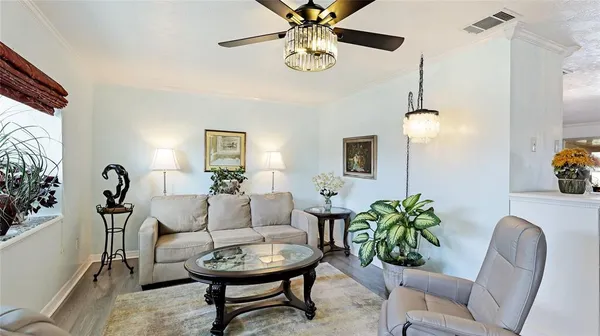 a living room with furniture and a potted plant