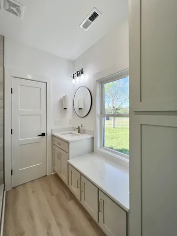 a view of a field with a tree in the background