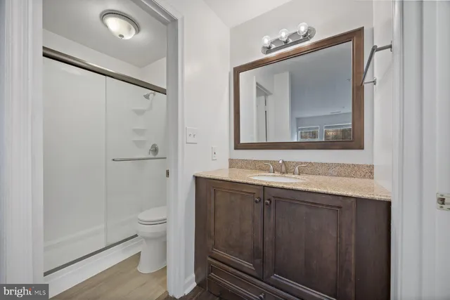 a bathroom with a toilet sink shower and mirror