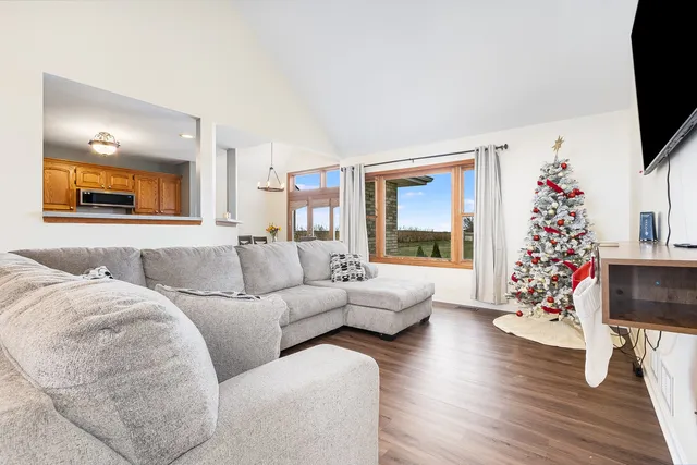 a living room with furniture a flat screen tv and a potted plant