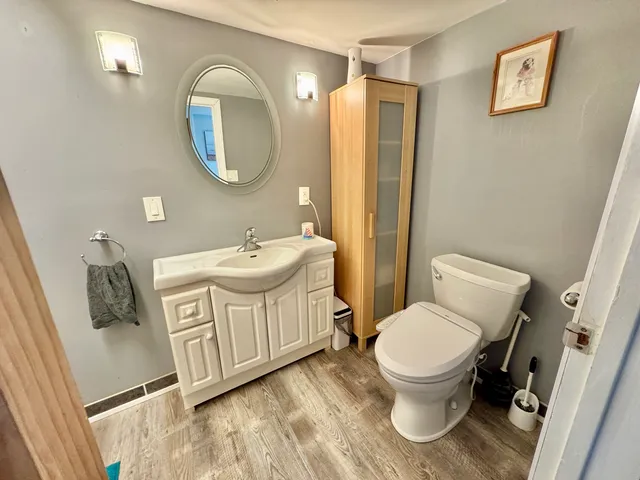 a bathroom with a sink a toilet and a mirror