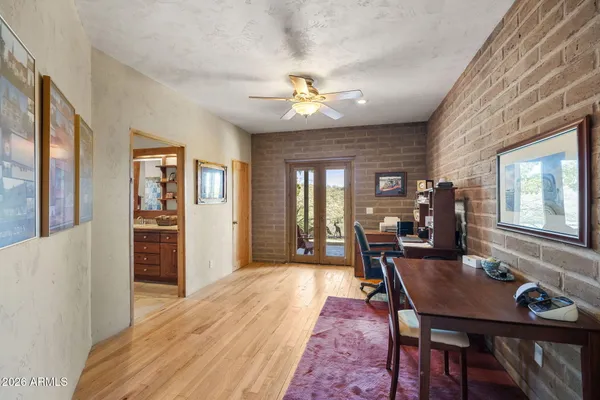 a view of a dining room with furniture