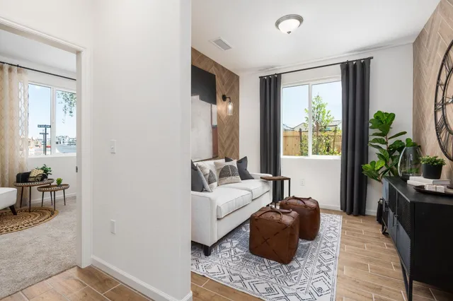 a living room with furniture and a potted plant