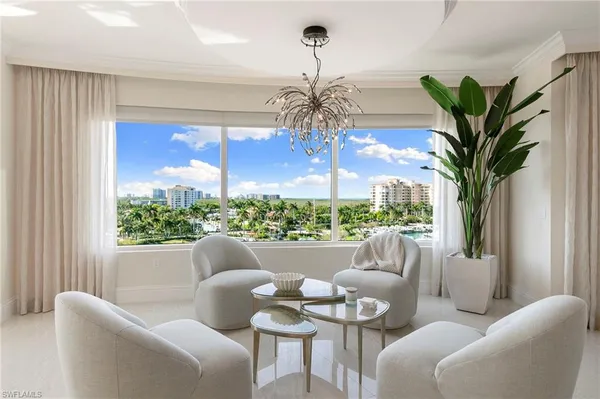 a view of a dining room with furniture window and outside view
