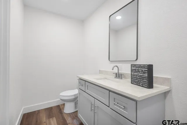 a bathroom with a sink a toilet and a mirror
