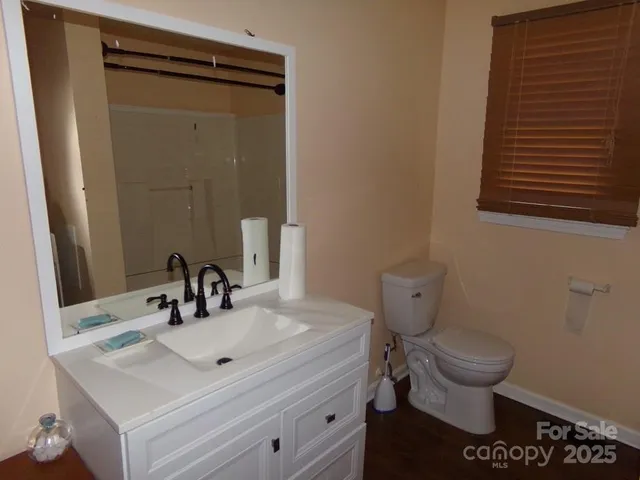 a bathroom with a sink toilet and mirror