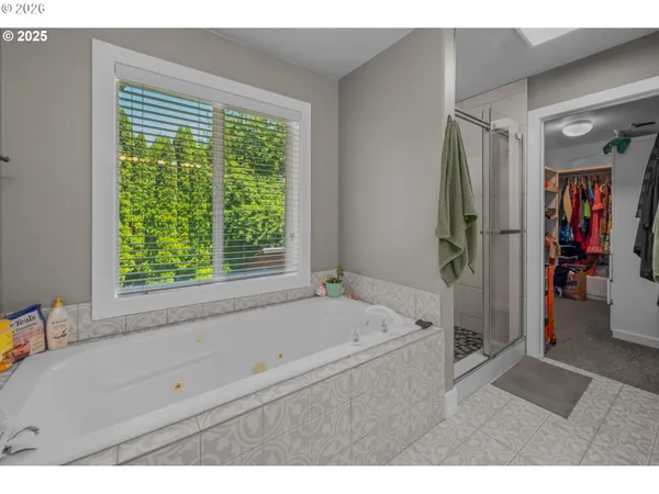 a bathroom with a bathtub and a shower