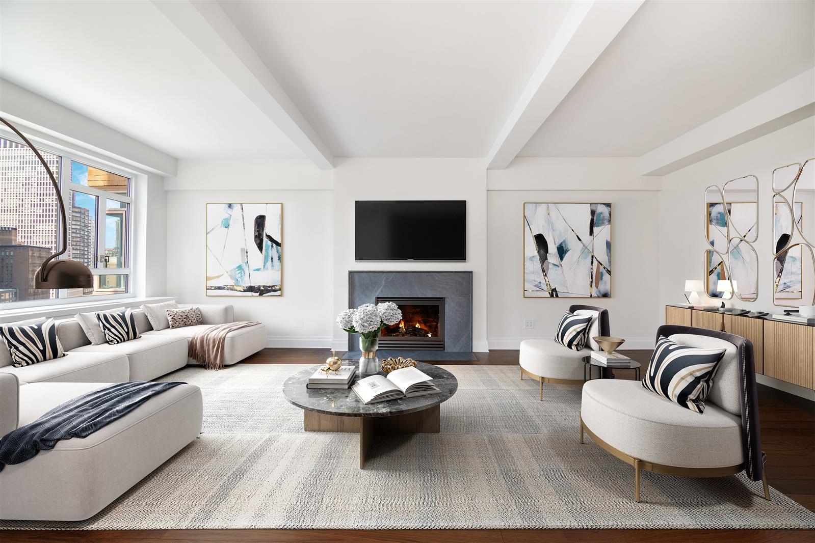 240 Central Park South, Unit 13GH Manhattan, NY 10019 - Photo 2 of 22 a living room with fireplace furniture and a large window