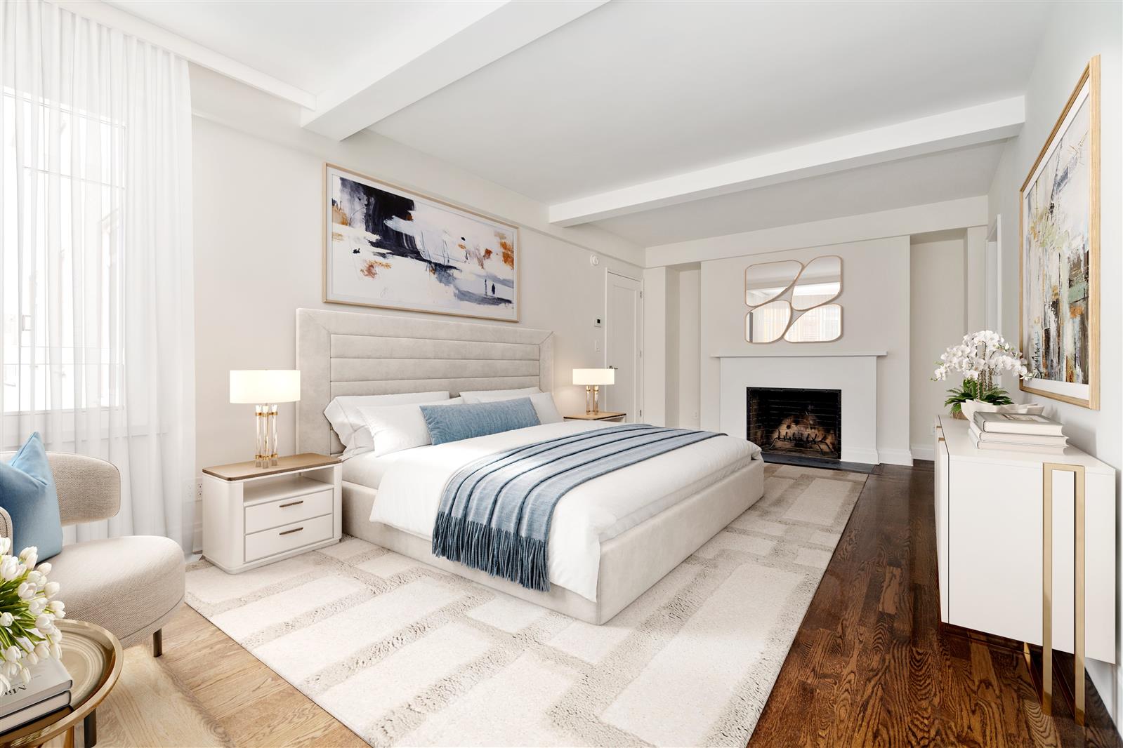 240 Central Park South, Unit 13GH Manhattan, NY 10019 - Photo 8 of 22 a spacious bedroom with a large bed and a fireplace
