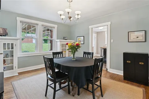 a dining room with furniture a rug a potted plant and a chandelier